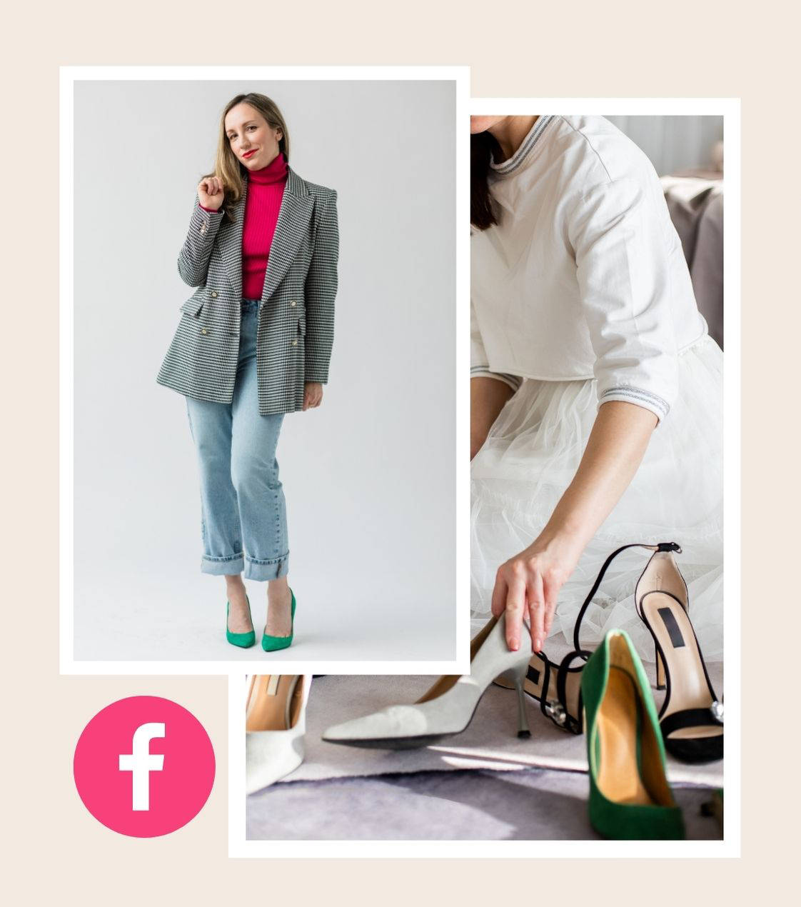 Collage of Woman standing and posing wearing a hot pink tshirt, herringbone blazer, light blue jean and green high heel pumps and cropped out woman in white kneeling and organizing shoes.