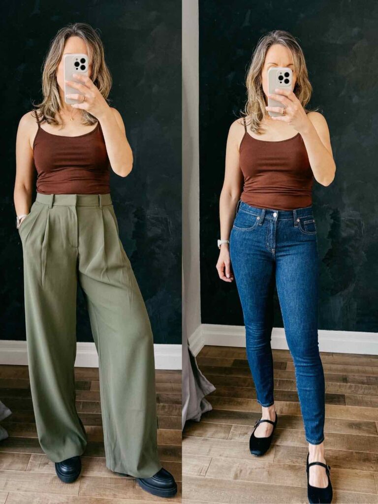 strappy tank top and pants try ons from gap.
