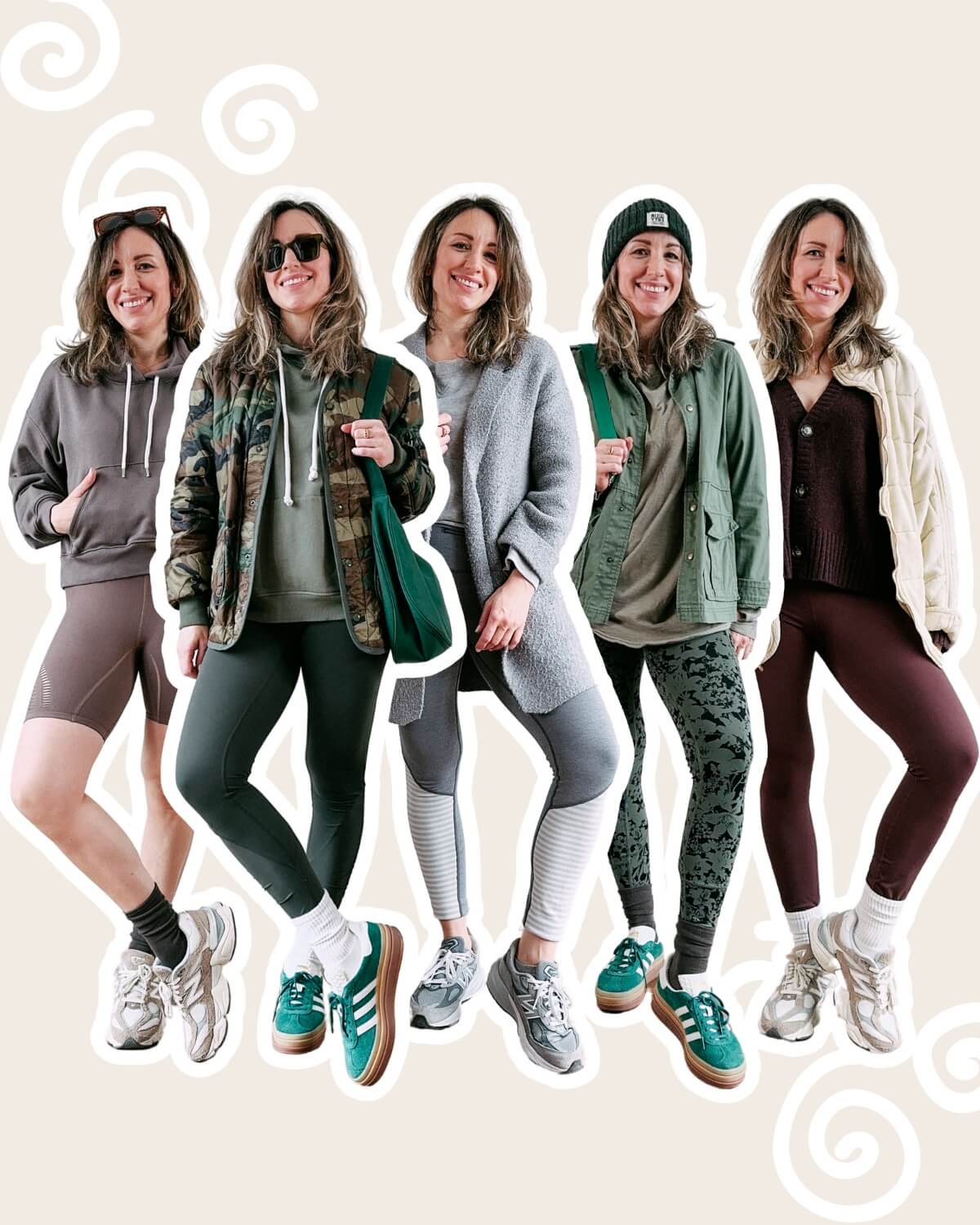 Collage of 5 women wearing different leggings athleisure outfits.