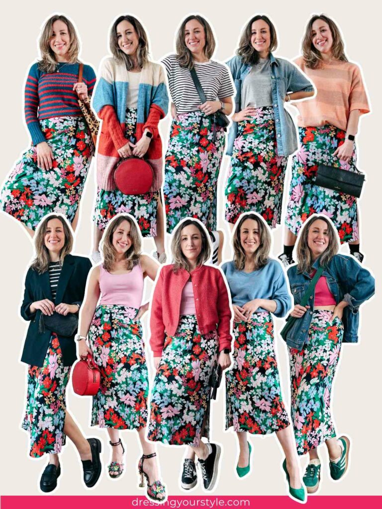 Collage of 10 women wearing different colorful floral skirt outfits on a beige background.