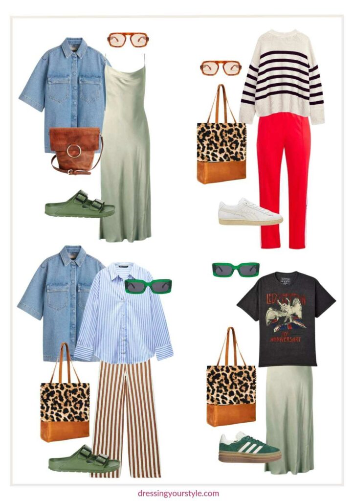 Collage of colorful clothing shoes and accessories items in a capsule wardrobe collection called edgy eclectic clown