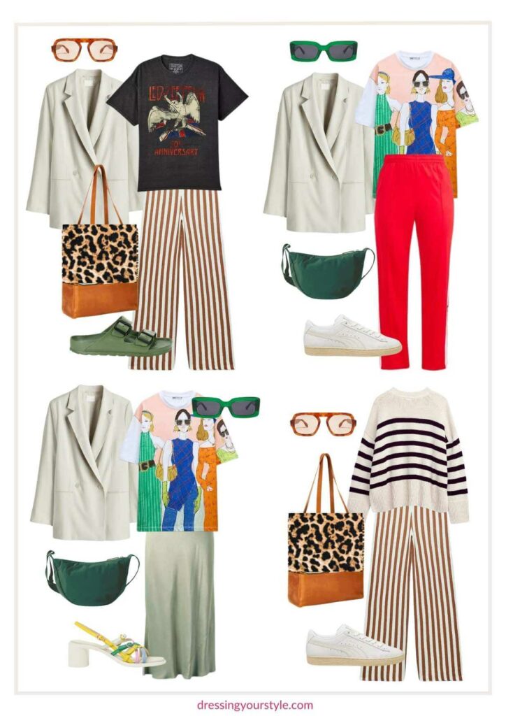 Collage of colorful clothing shoes and accessories items in a capsule wardrobe collection called edgy eclectic clown