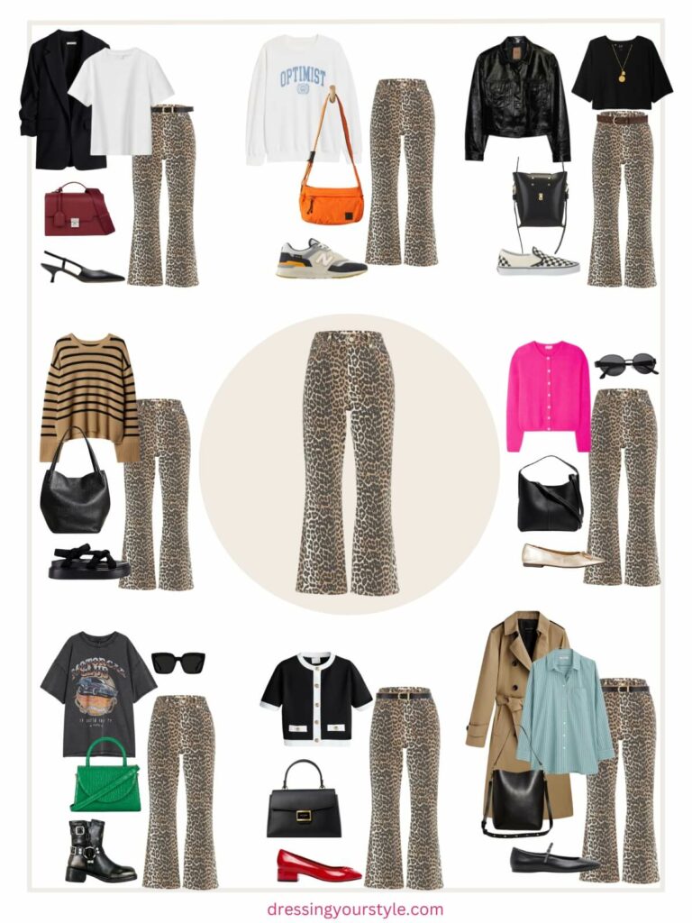 8 Different Leopard Print Pants outfits for women in spring.
