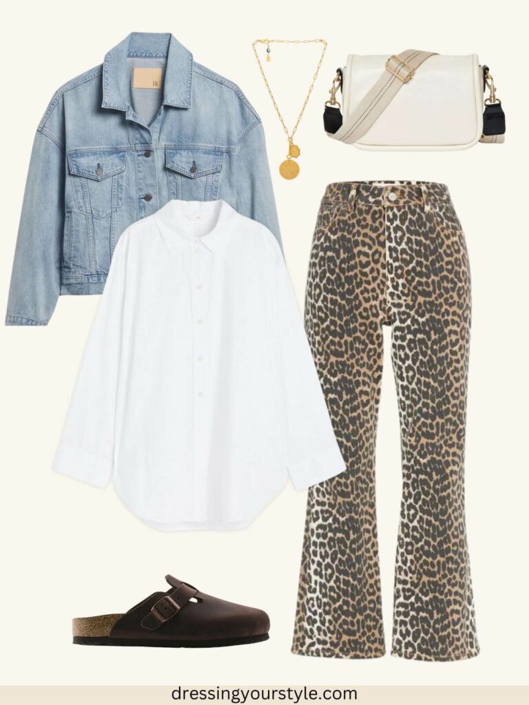 Collage of sporty style leopard print jeans outfit for spring.
