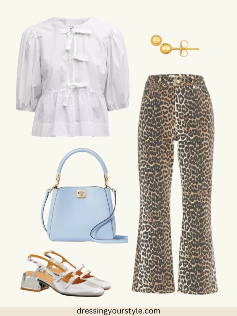 Collage of sporty style leopard print jeans outfit for spring.