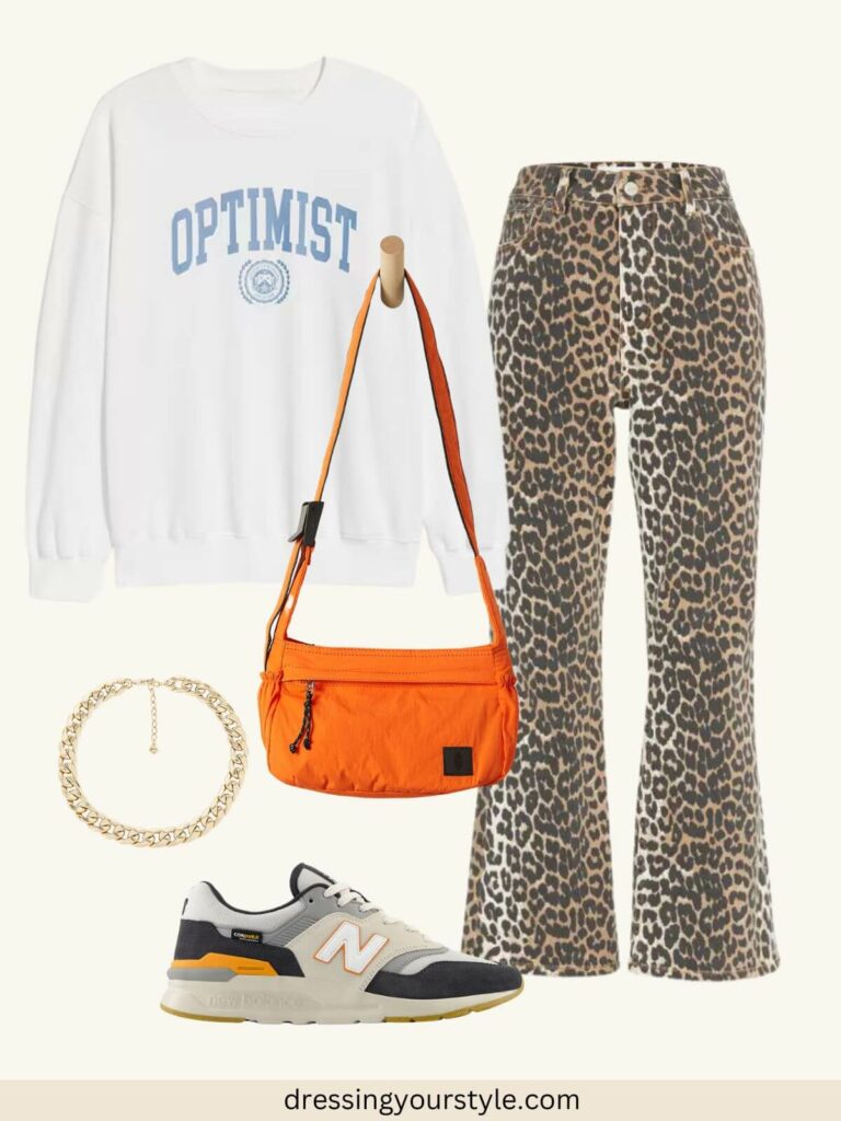 Collage of sporty style leopard print jeans outfit for spring.