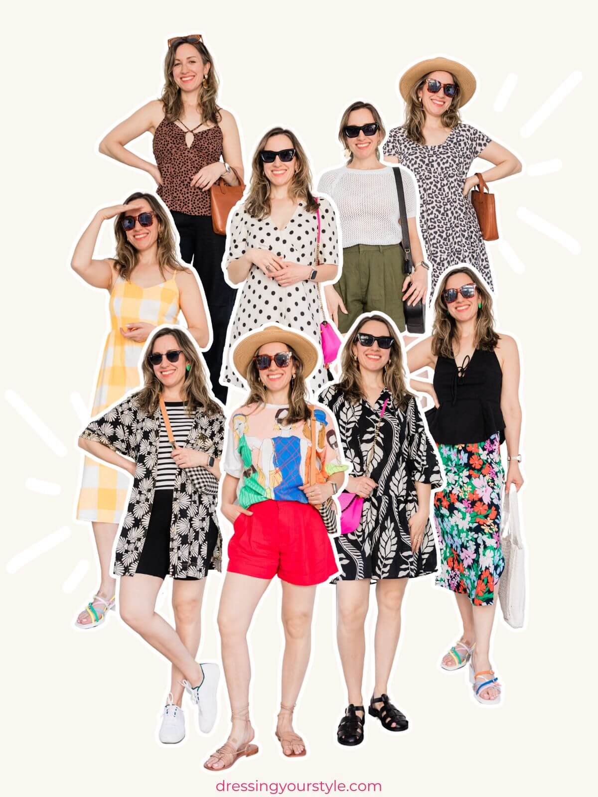 Collage of brunette woman posing wearing different colorful summer outfits.