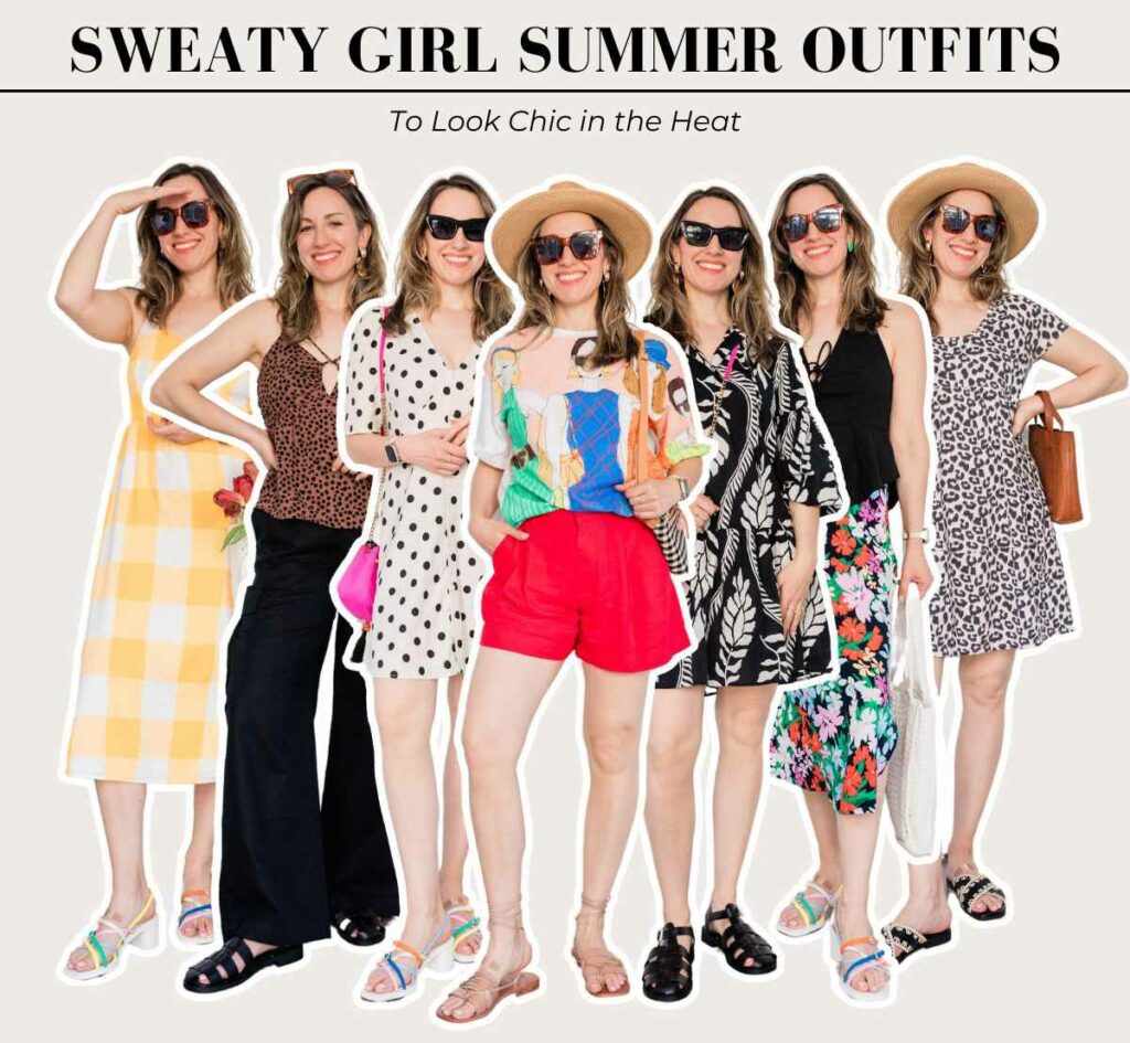 Collage of brunette woman posing wearing different colorful summer outfits.