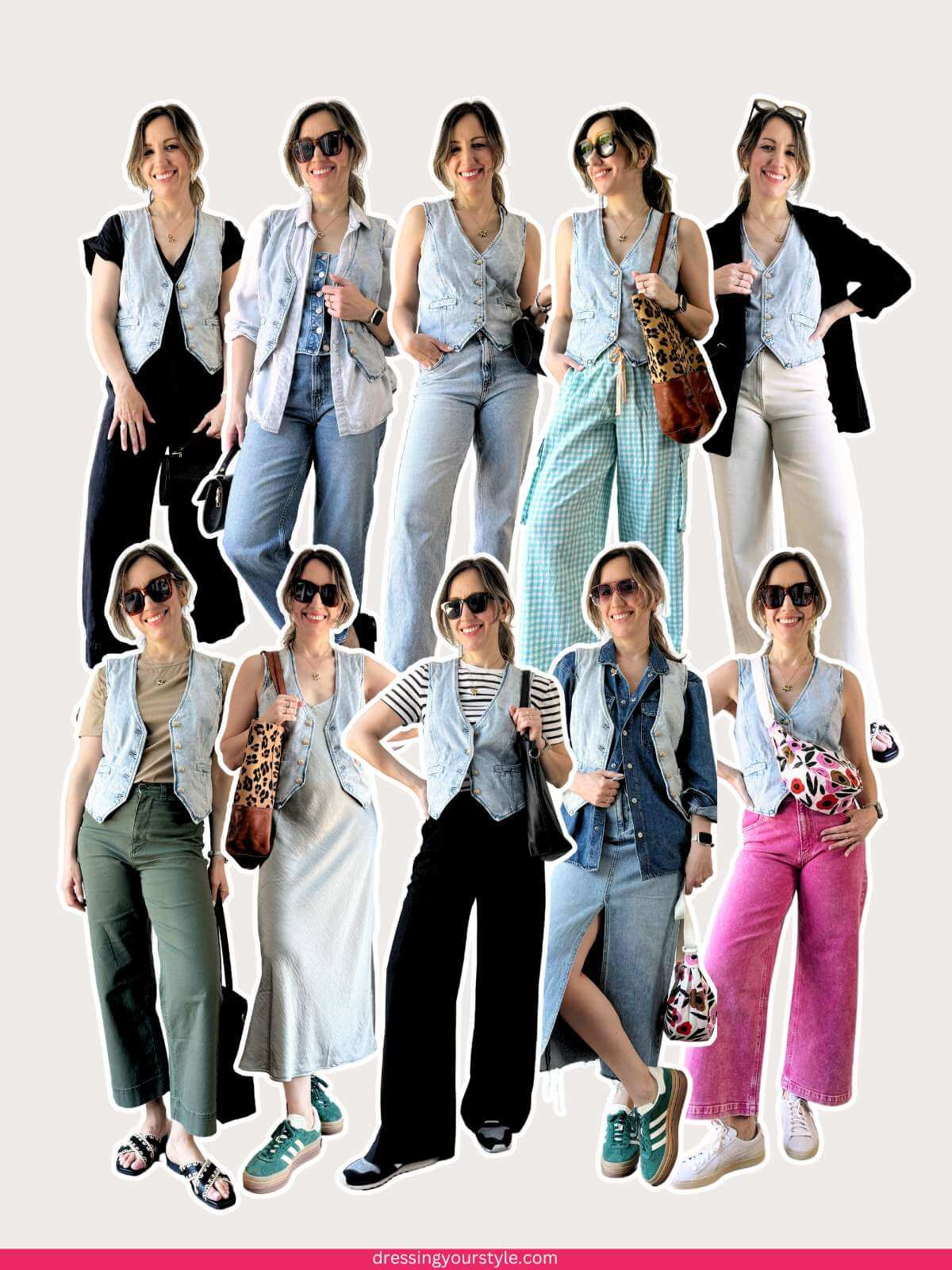 Collage of brunette woman wearing a light denim vest in 10 different outfits.