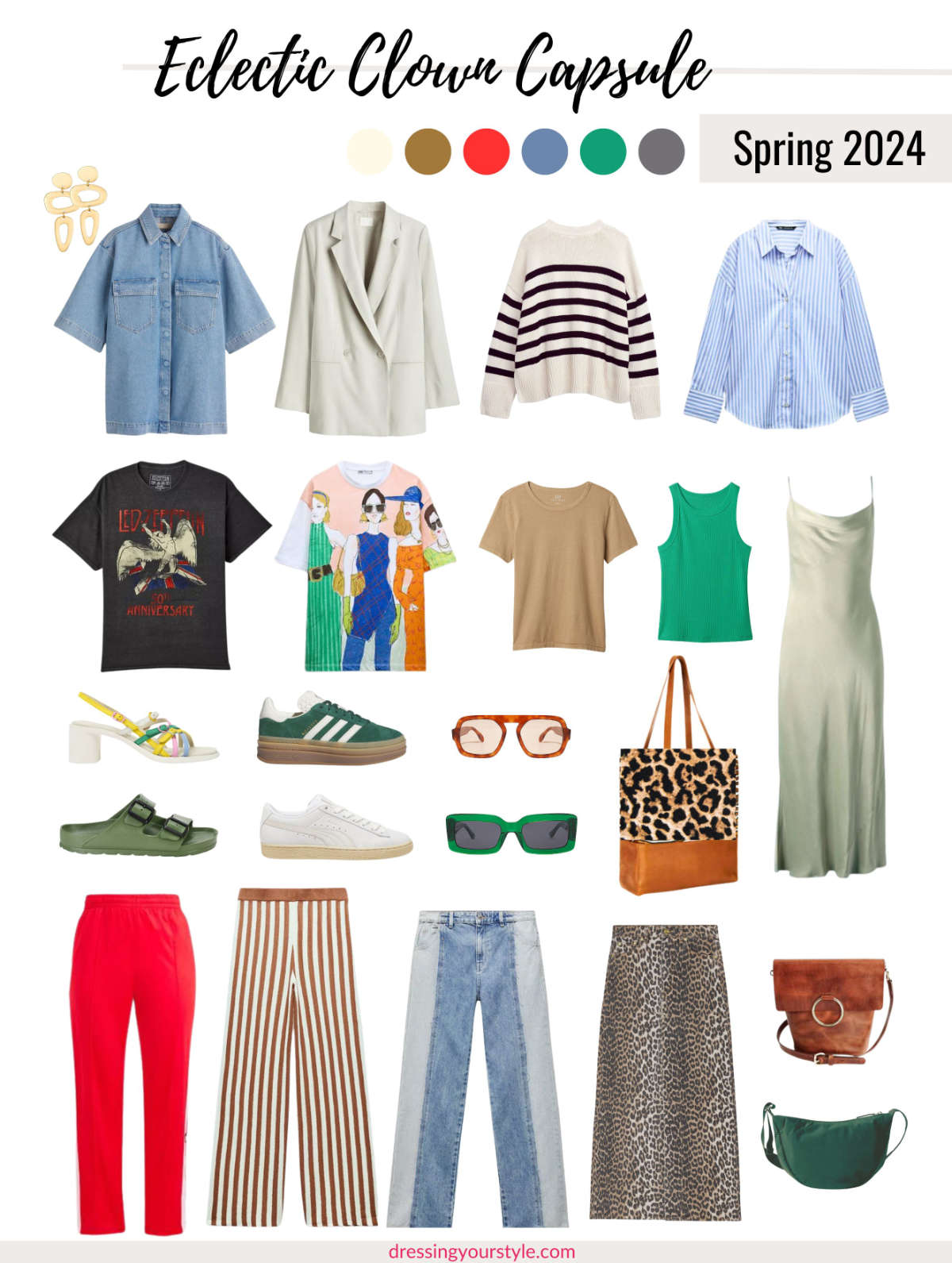 Collage of colorful clothing shoes and accessories items in a capsule wardrobe collection called edgy eclectic clown