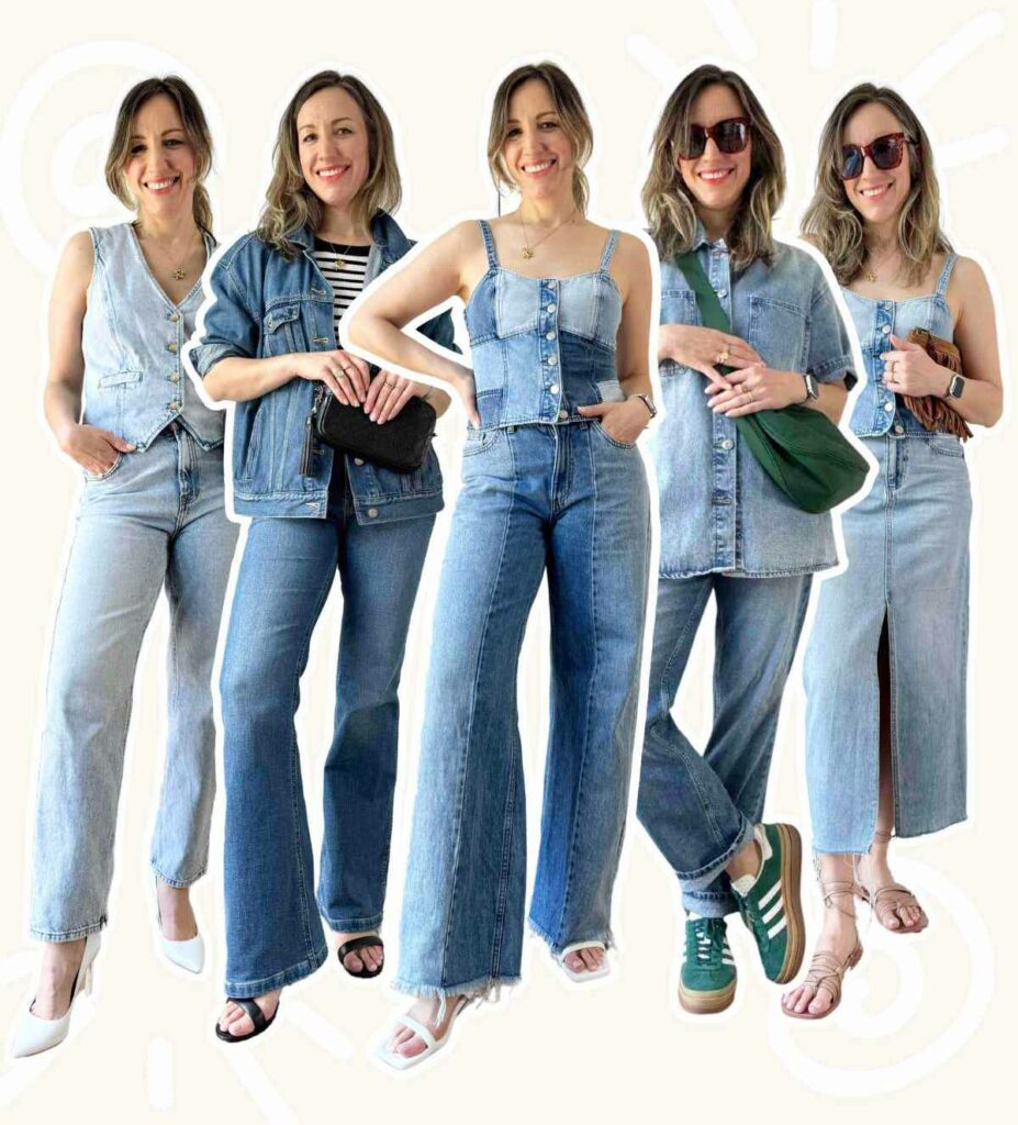 Collage of 4 women side-by-side wearing different double denim outfits on a beige background.