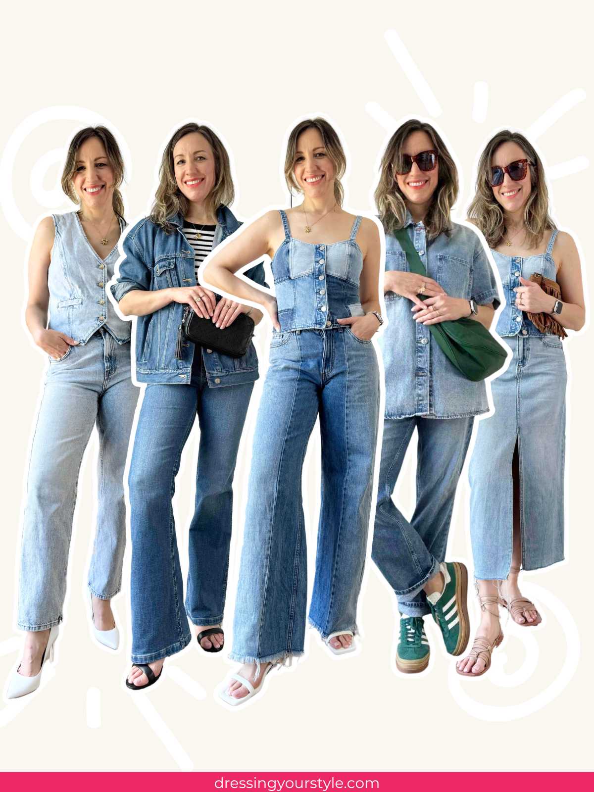 Collage of 4 women side-by-side wearing different double denim outfits on a beige background.