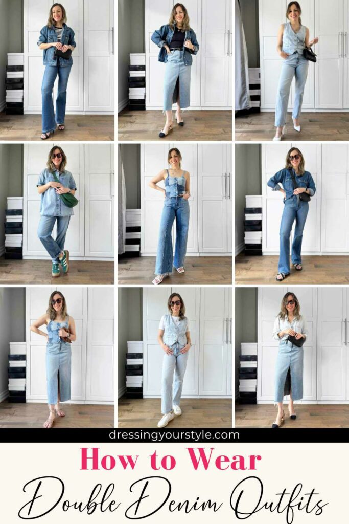 Collage of 9 women wearing different double denim outfits with text reading how to wear double denim outfits.