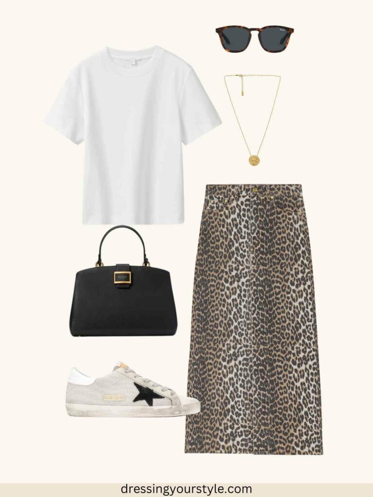 Outfit flatlay with leopard print maxi skirt and white T shirt + white sneakers.