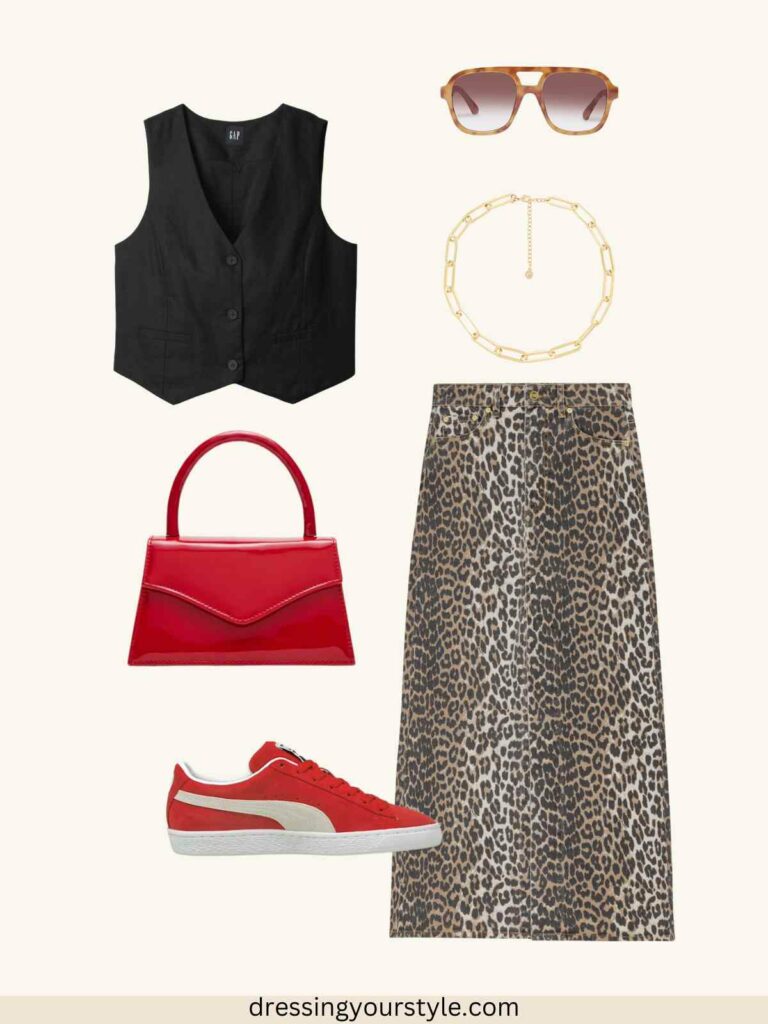 Outfit flatlay with leopard print maxi skirt and tailored black vest + red sneakers.