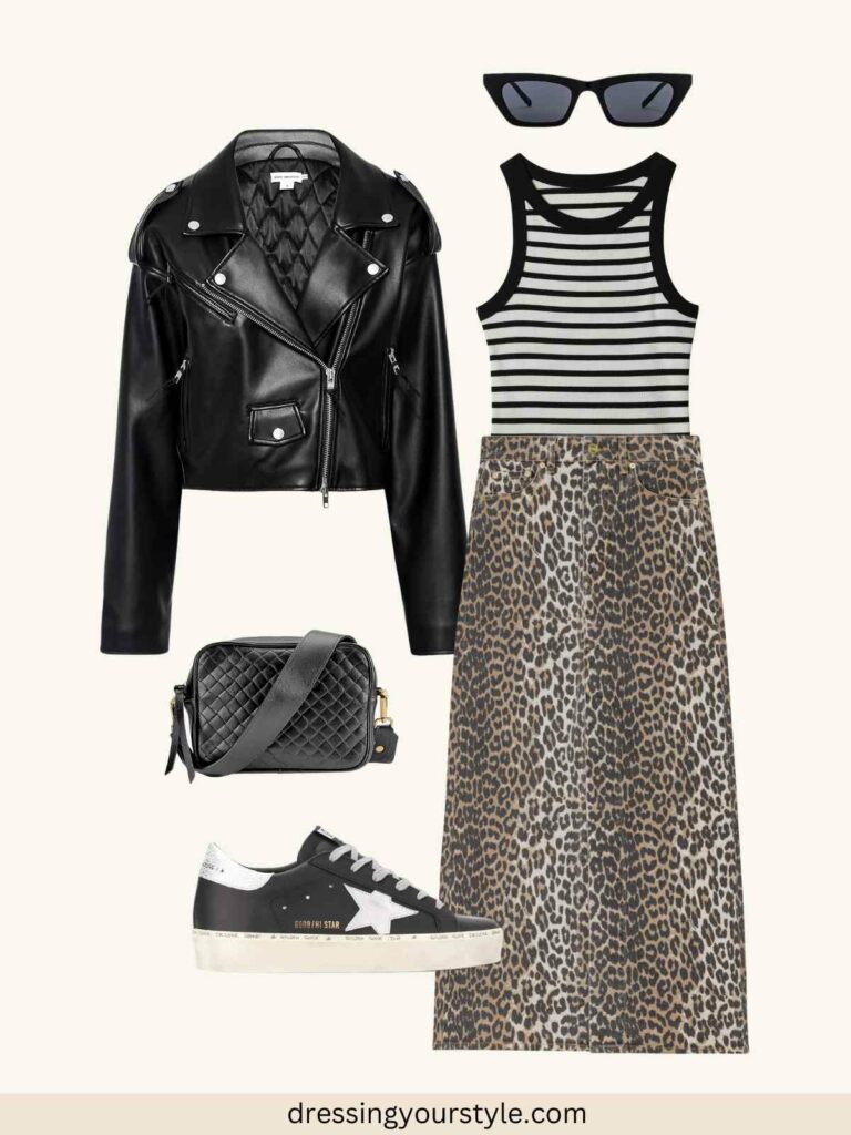 Outfit flatlay with leopard print maxi skirt and striped top + leather jacket + black golden goose sneakers.