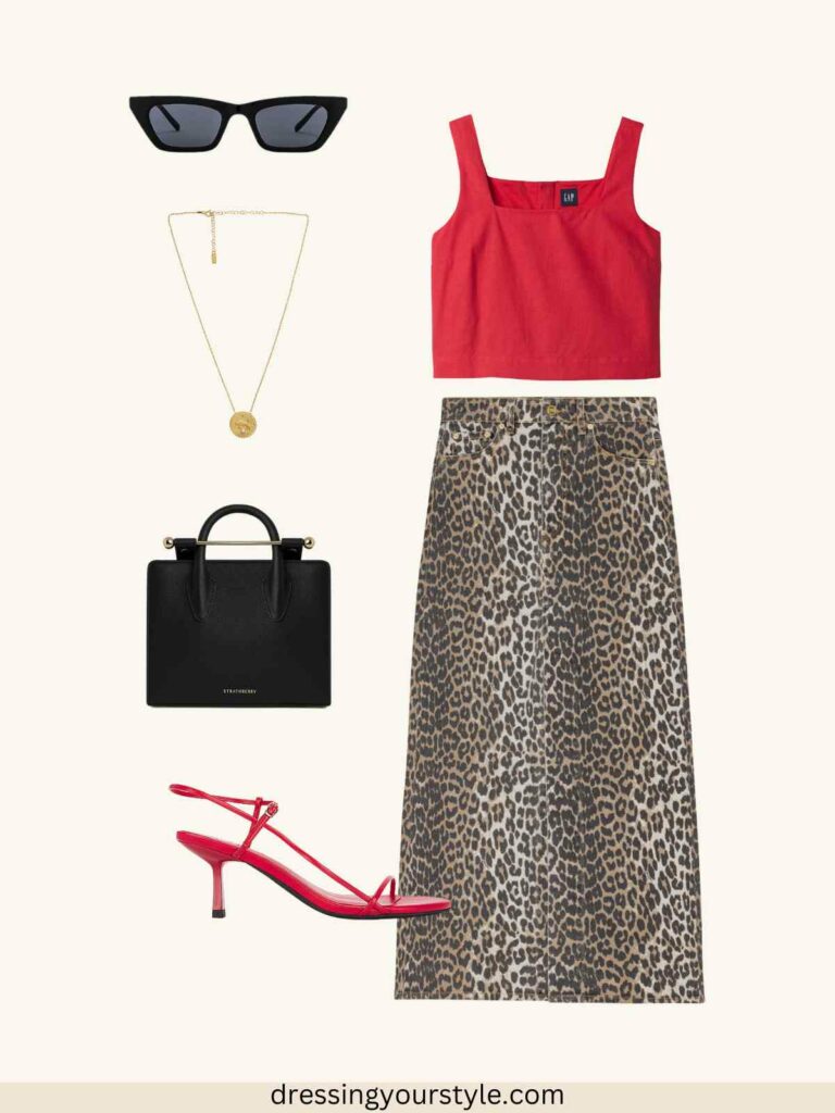 Outfit flatlay with leopard print maxi skirt and red cropped top + red strappy heeled sandals.