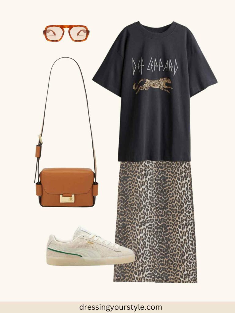 Outfit flatlay with leopard print maxi skirt and long printed T shirt + white sneakers.