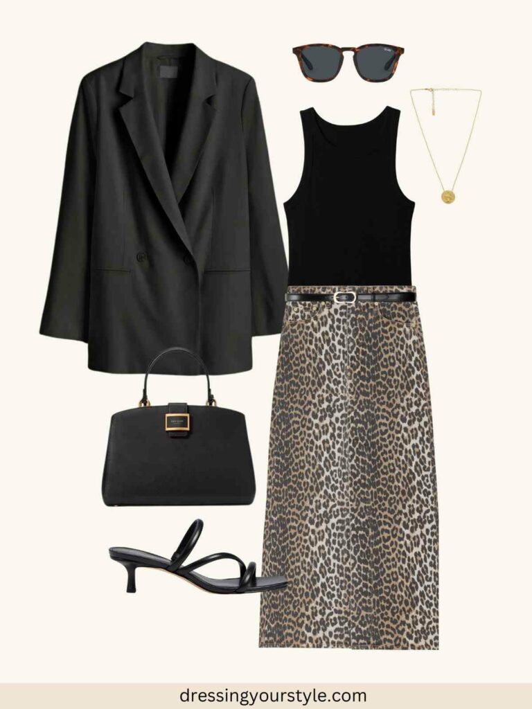 Outfit flatlay with leopard print maxi skirt and black top + black blazer + black strappy heeled sandals.