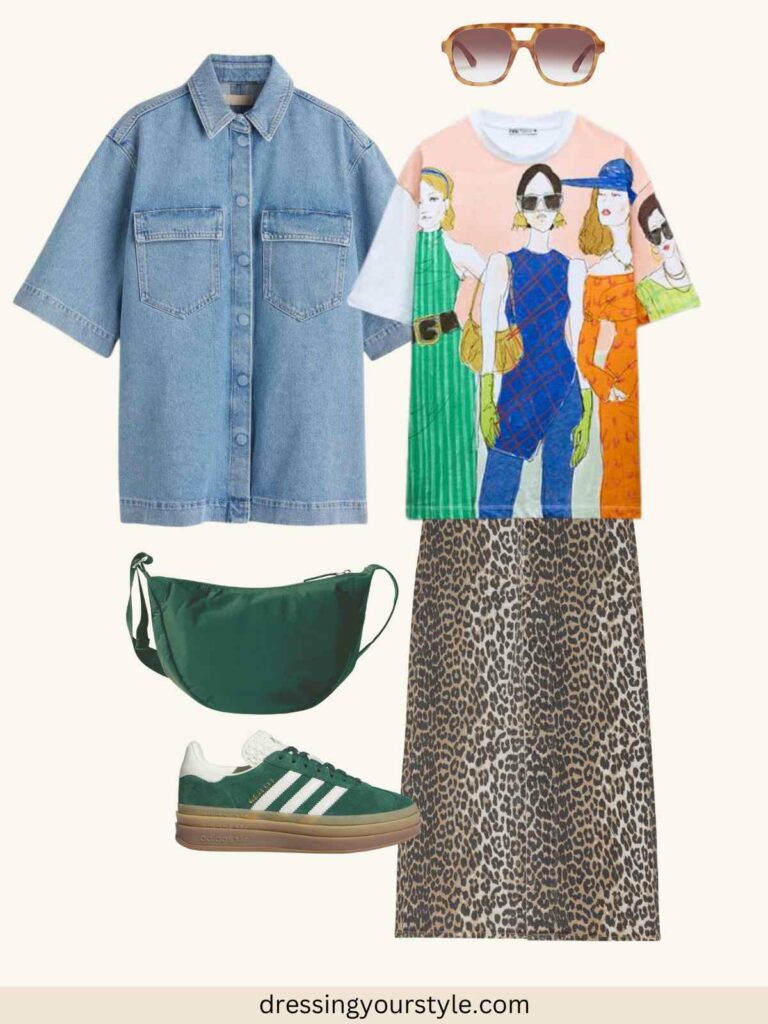 Outfit flatlay with leopard print maxi skirt and T shirt with print + short-sleeved denim shirt + green sneakers.