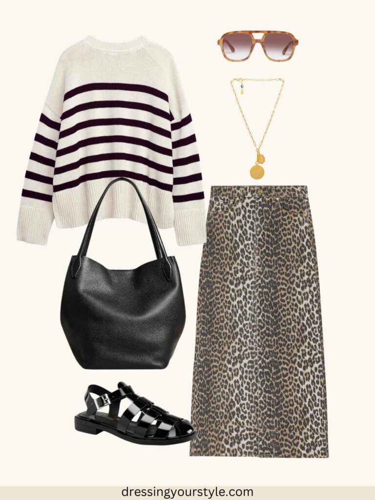 Outfit flatlay with leopard print maxi skirt and striped jumper + black fisherman sandals.