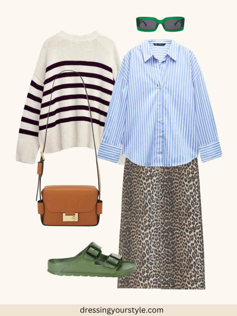 Outfit flatlay with leopard print maxi skirt and striped shirt + striped jumper + green Birkenstock sandals.