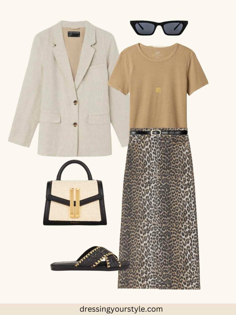 Outfit flatlay with leopard print maxi skirt and beige T shirt+ white blazer + black Pomelo sandals.