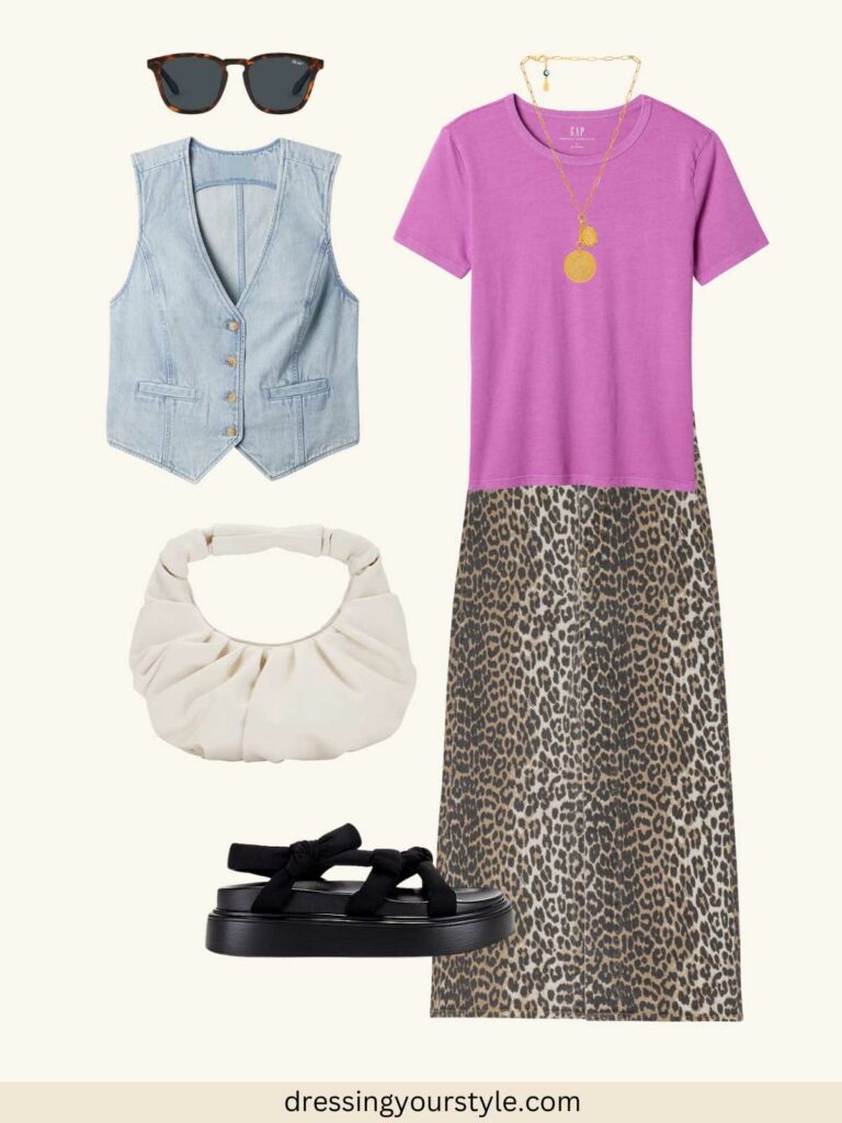 Outfit flatlay with leopard print maxi skirt and pink T shirt + light denim vest + black chunky sandals.