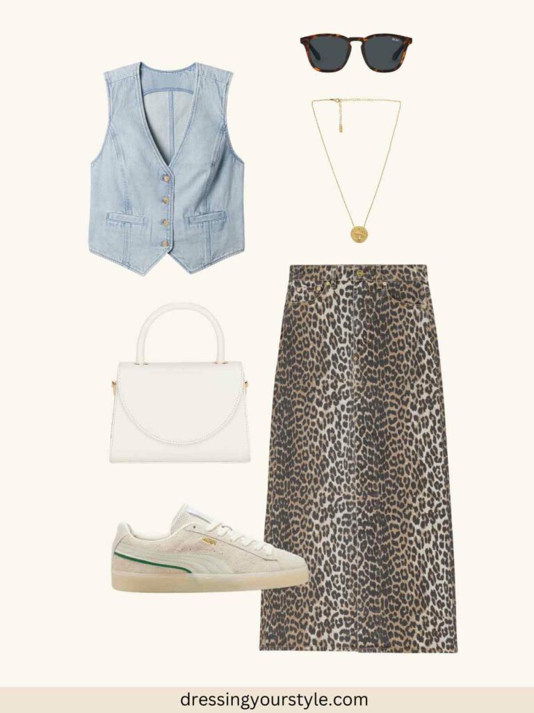 Outfit flatlay with leopard print maxi skirt and tailored denim vest + white sneakers.