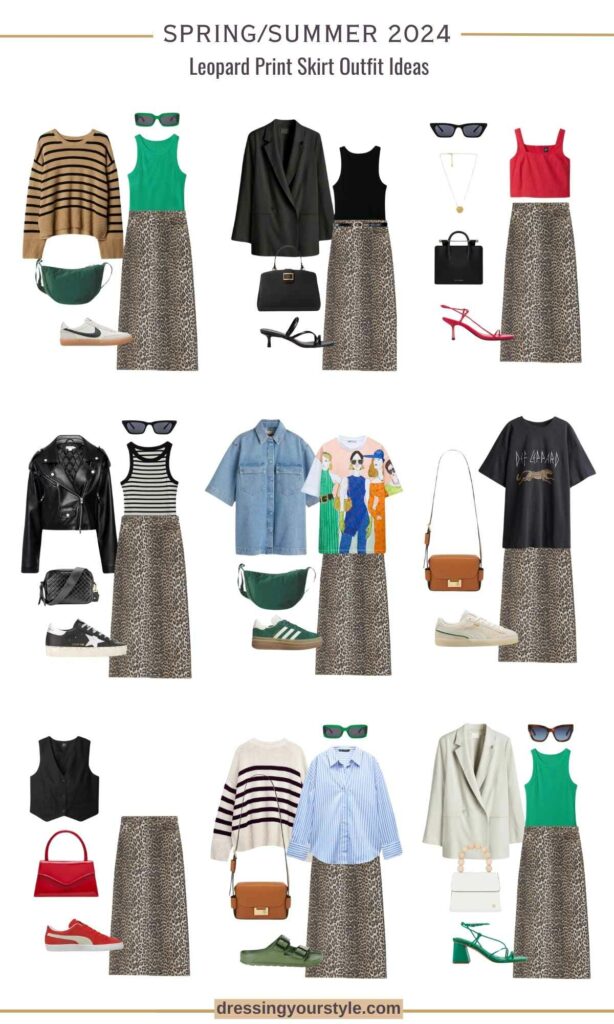 Collages of 9 different casual outfits with leopard print skirts.