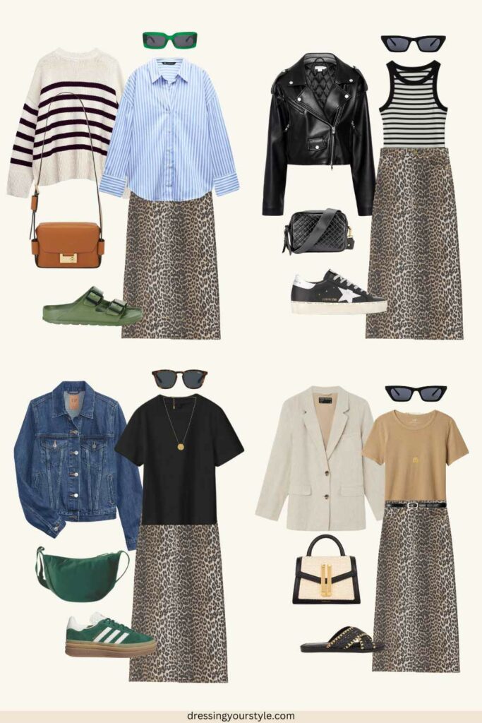 Collages of 4 different casual outfits with leopard print skirts. 