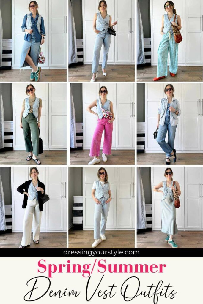 Collage of 9 women wearing a light denim vest with different outfits with text reading spring summer denim outfits.