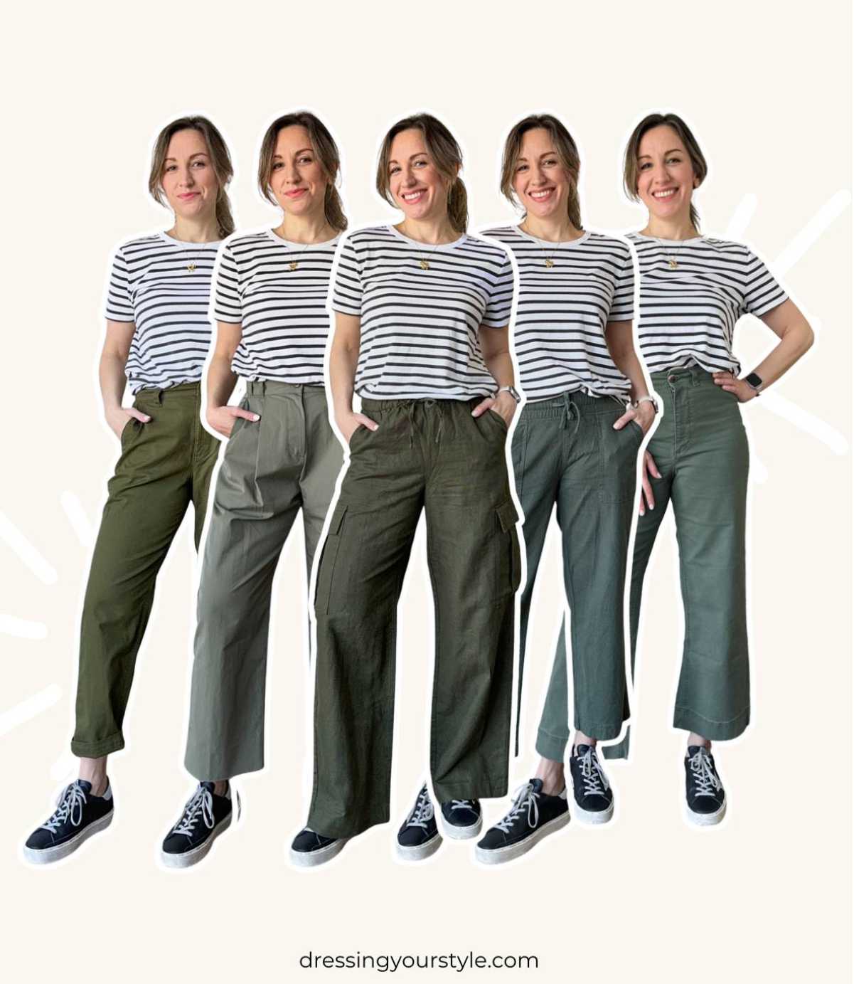 Collage of 5 women posing wearing a striped black and white tshirt with different olive green pants for spring.