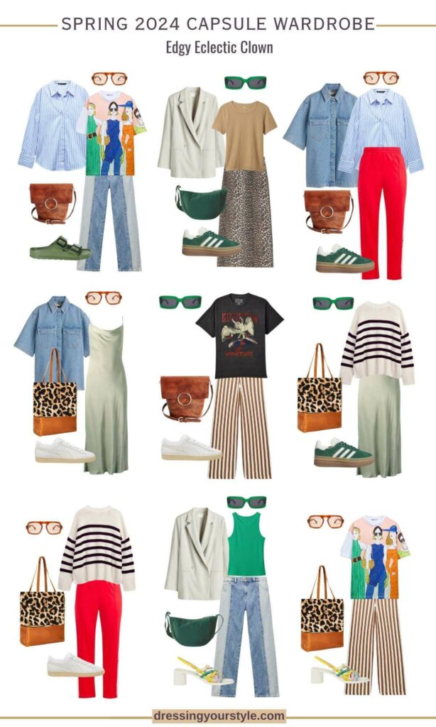 Collage of colorful clothing shoes and accessories items in a capsule wardrobe collection called edgy eclectic clown