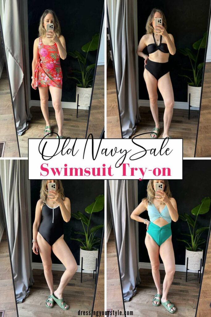 Collage of 4 women taking full body selfies in bathing suits and green flat sandals.