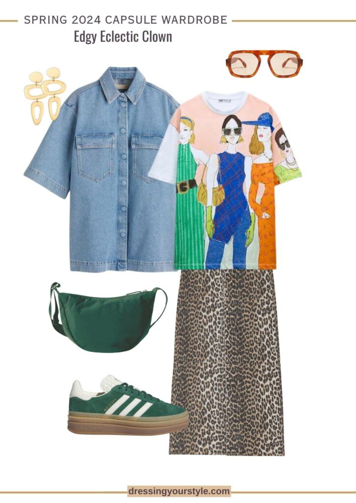 Colorful outfit flatlay on white background with leopard skirt, colorful graphic tee, denim shirt and green accessories.