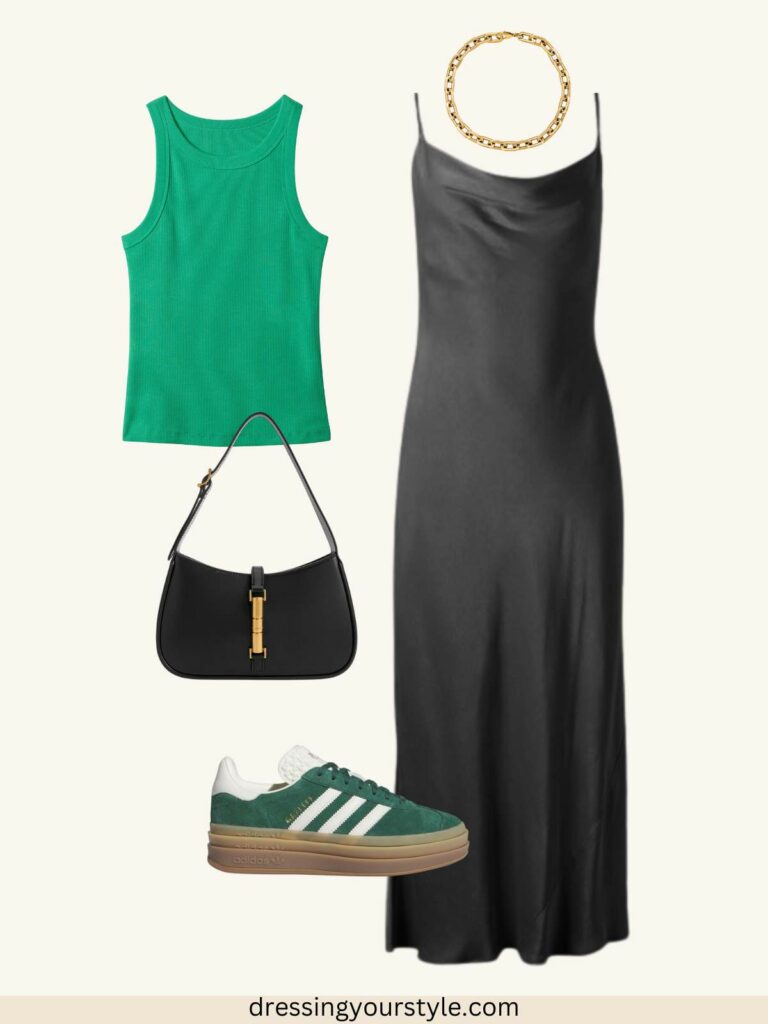 Outfit flatlay collage of Late summer outfit with black slip dress, green top and sneakers, black purse and chain necklace.