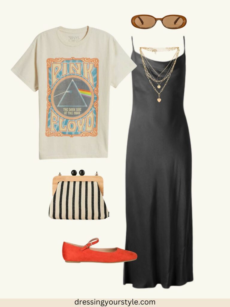 Outfit flatlay collage of Late summer outfit with black slip dress, graphic tee, retro black and white stripes purse, red ballet flats, boho pendant necklace and brown sunglasses..