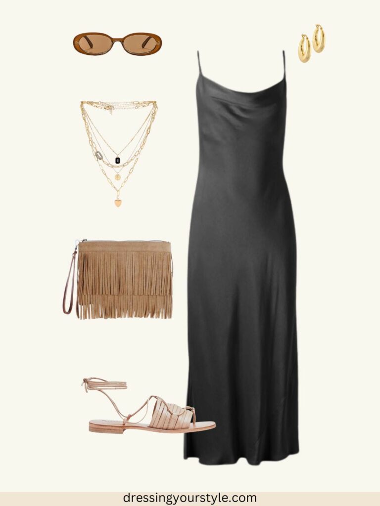 Outfit flatlay collage of Late summer outfit with black slip dress, brown oval sunglasses, boho pendant necklace, western fringe wristlet bag, nude flat sandals and gold hoops.