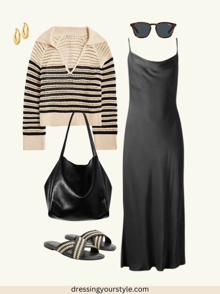 Outfit flatlay collage of Late summer outfit with black slip dress, striped sweater, black tote, hoops, sunglasses and mules in black and white.