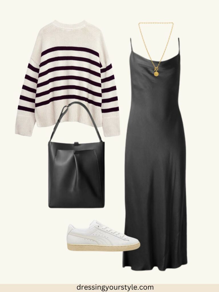 Outfit flatlay collage of Late summer outfit with black slip dress, striped sweater, black bag, pendant necklace and white sneakers.