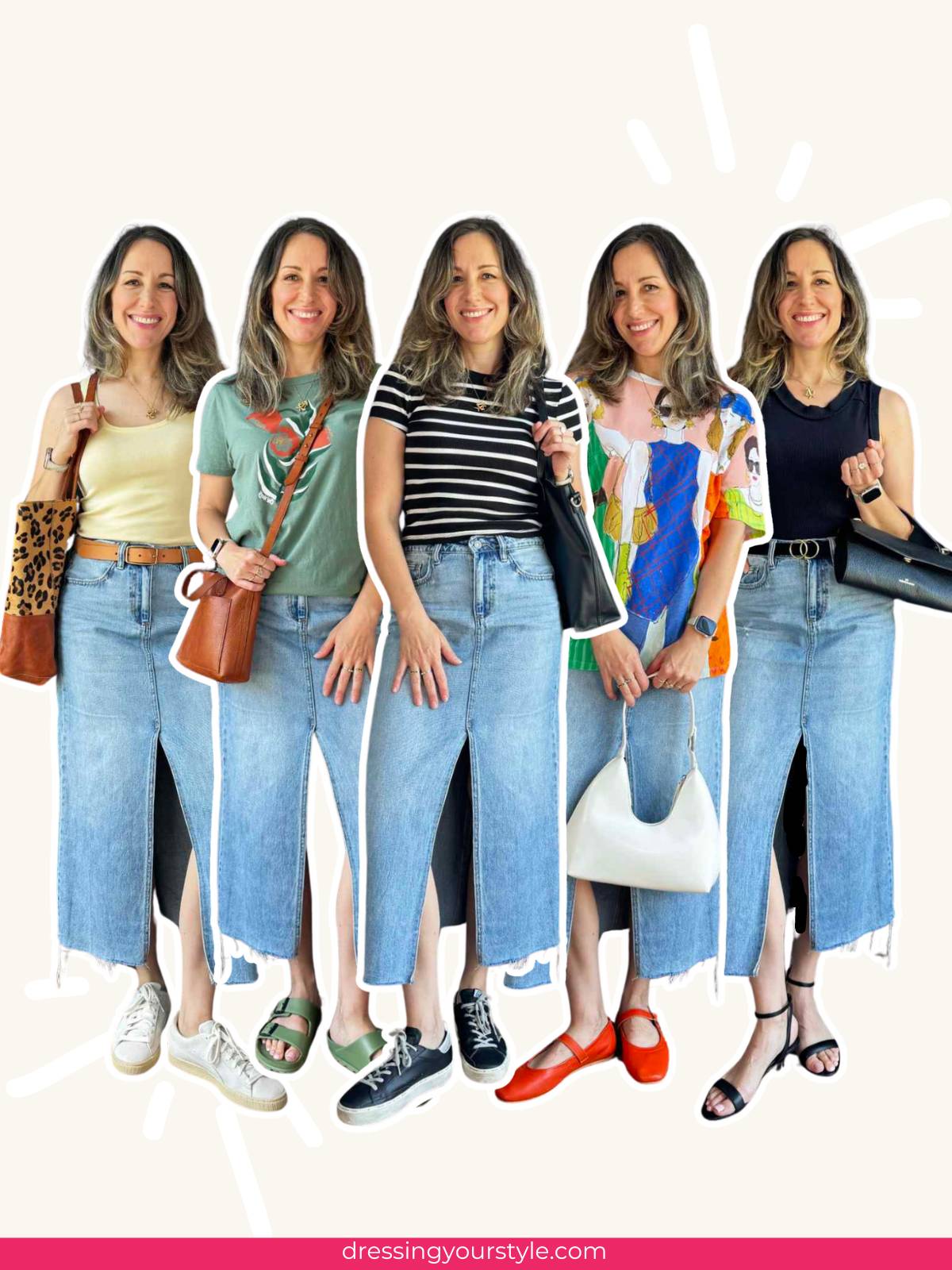 Collage of 4 women side-by-side wearing different denim skirt outfits for summer over a beige background.