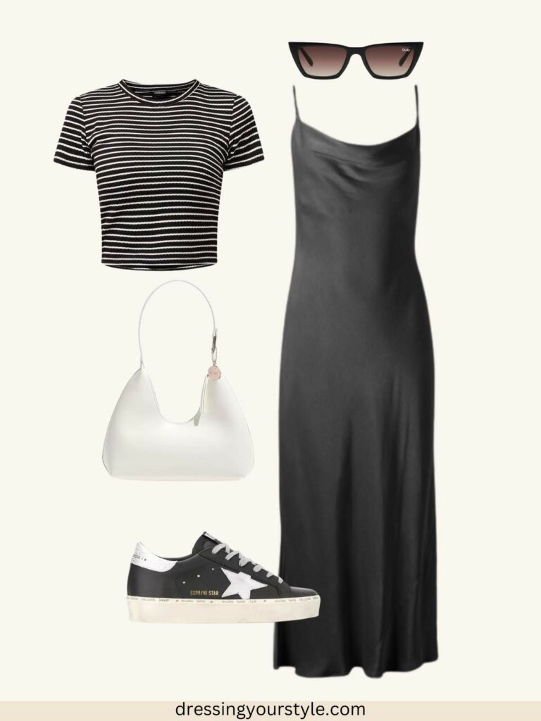 Outfit flatlay collage of Late summer outfit with black slip dress, striped tee, Golden Goose sneakes, white purse and sunglasses.