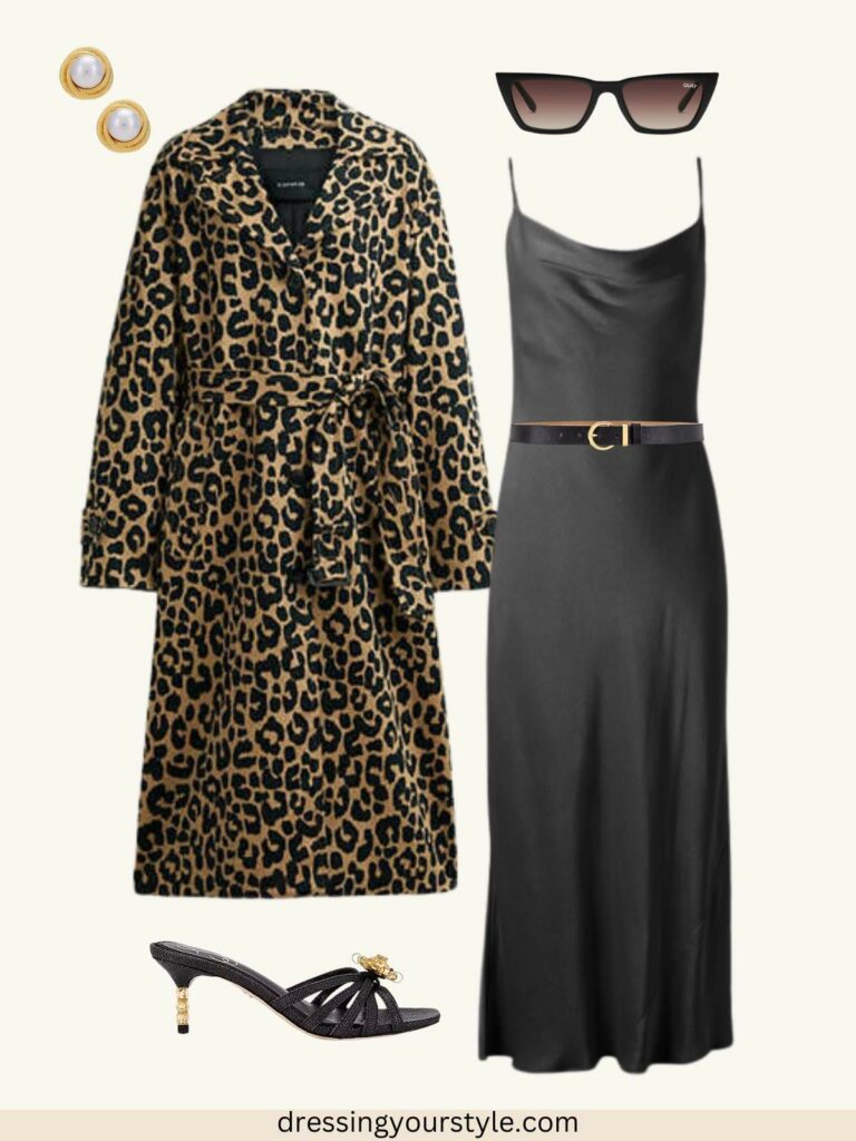 Outfit flatlay collage of Late summer outfit with black slip dress, leopard trench, earrings, belt, sunglasses and sandals.