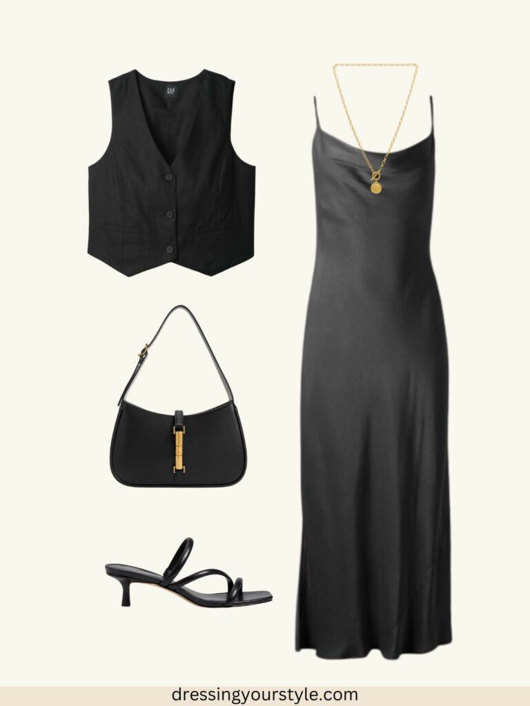 Outfit flatlay collage of Late summer outfit with black slip dress, black vest, purse and sandals and gold pendant necklace.