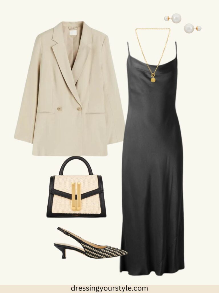 Outfit flatlay collage of Late summer outfit with black slip dress, beige blazer beige and black purse, pearl earrings, pendant necklace and sling-back heels.