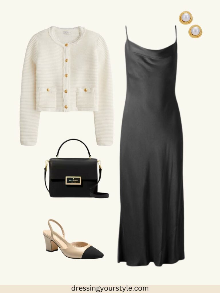 Outfit flatlay collage of Late summer outfit with black slip dress, white cardigan with gold buttons, earrings, small black purse and slingback pumps.