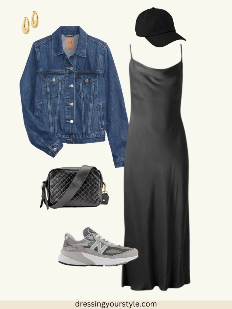 Outfit flatlay collage of Late summer outfit with black slip dress, denim jacket, black cap, hoops, black crossbody bag and grey sneakers.