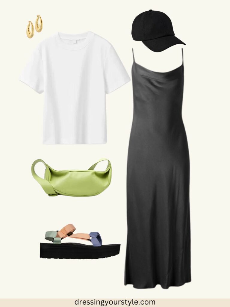 Outfit flatlay collage of Late summer outfit with black slip dress, white tee, gold hoops, black cap, light green crossbody bag and multicolor sandals.