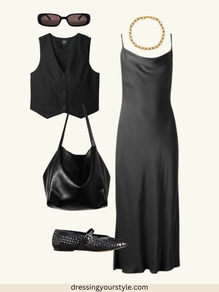 Outfit flatlay collage of Late summer outfit with black slip dress, black vest, chain necklace, sunglasses, largee black tote and pointed toe flats.